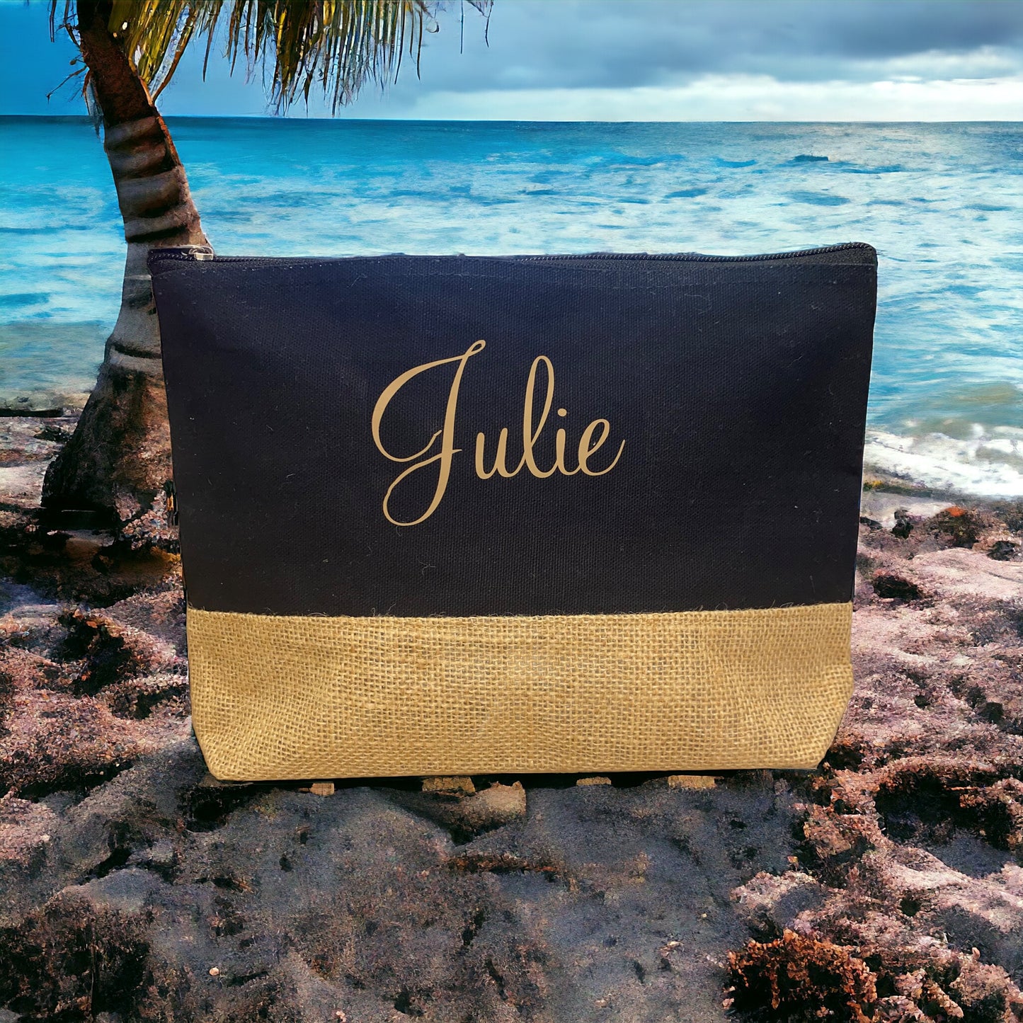 Pochette prénom en jute noir