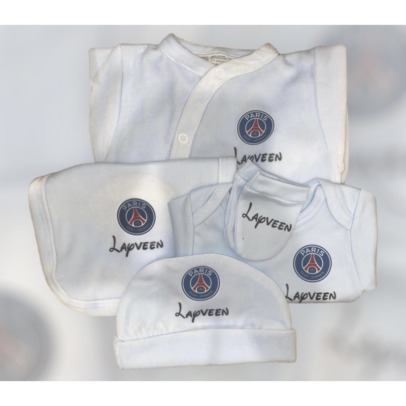 Coffret naissance, 5 pièces, bleu, pyjama, body, bonnet, bavoir, moufles, personnalisé