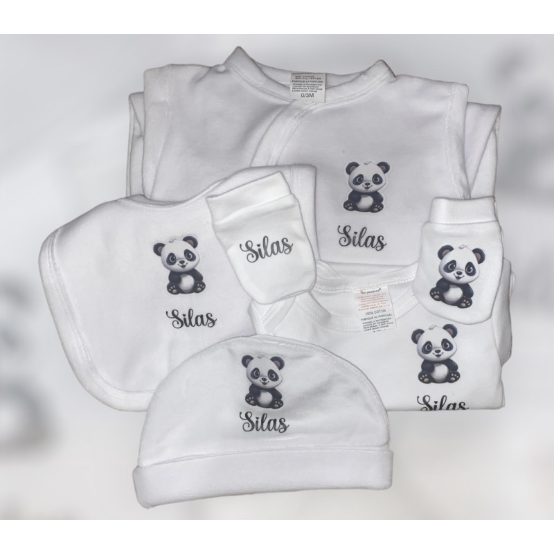 Coffret naissance, 5 pièces, coton, blanc, panda, pyjama, bonnet, bavoir, moufles