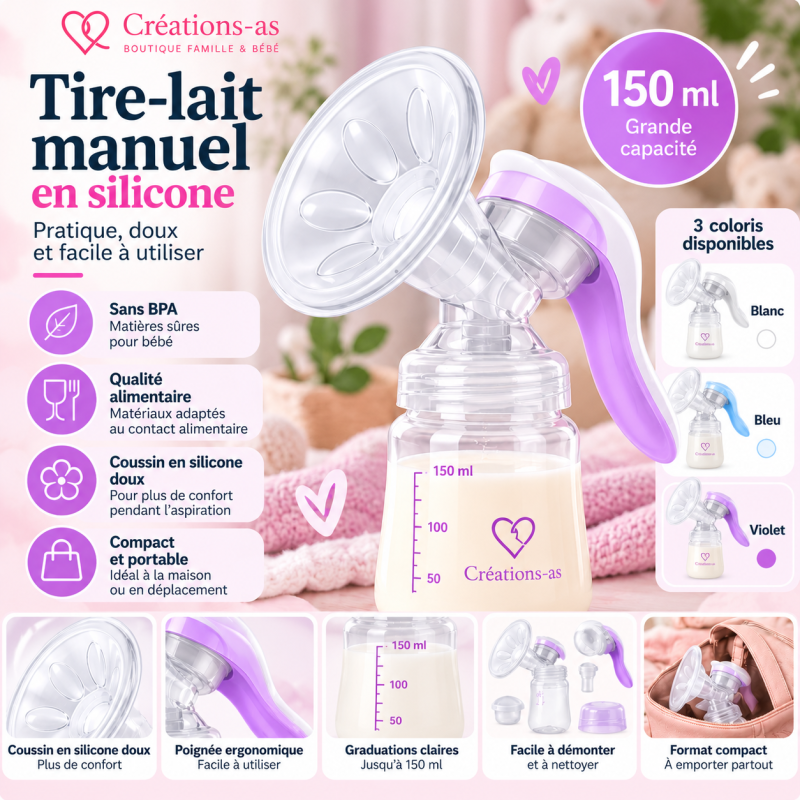 Tire-lait manuel en silicone 150 ml | Créations-as